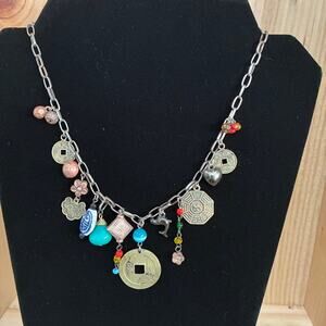 Boho Charm Necklace Asian Coin Yin Yang Blue White Bead Silver Tone Chain 15-18"